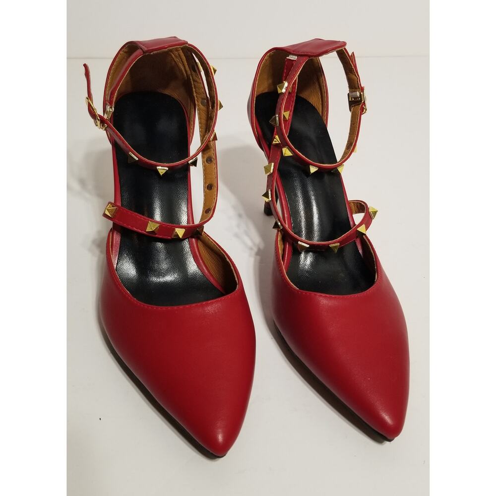 Red 3 inch heels  size 38 with 2 straps & gold accents